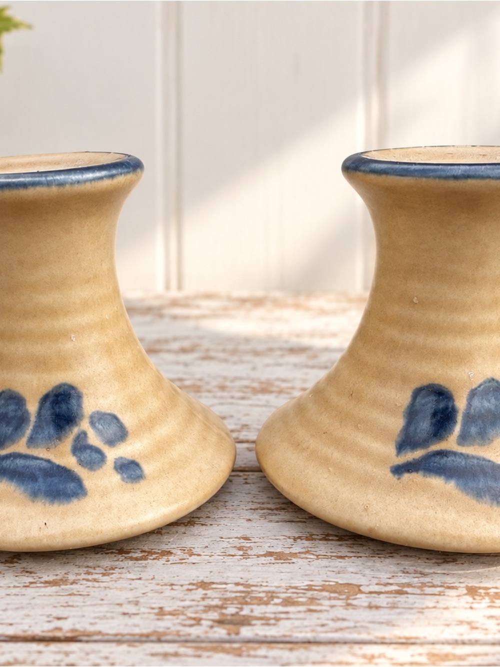 2 Pfaltzgraff Folk Art Blue Floral Brown Candle Holders Stoneware